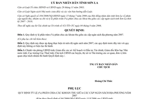 Quyết định 64/2006/QĐ-UBND tỷ lệ phần trăm phân chia khoản thu giữa các cấp ngân sách 2007 Sơn La