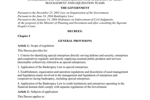 Decree of Government No. 67/2006/ND-CP of July 11, 2006 guiding the application of the bankruptcy Law to special enterprises and the organization and operation of asset management and liquidation teams