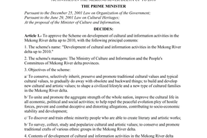 Decision No. 167/2006/QD-TTg of July 14, 2006 approving the scheme on development of cultural and information activities in The Mekong River delta up to 2010