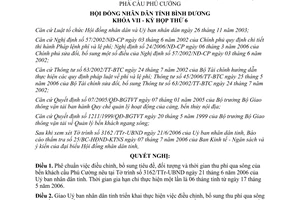 Nghị quyết 04/2006/NQ-HĐND7 điều chỉnh bổ sung 52/2003/HĐND6 thu phí qua phà cầu Phú Cường Bình Dương