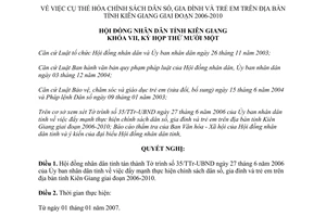 Nghị quyết số 23/2006/NQ-HĐND cụ thể hóa chính sách dân số gia đình trẻ em Kiên Giang 2006-2010