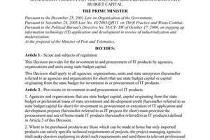 Decision No. 169/2006/QD-TTg of July 17, 2006, providing for investment in and procurement of information technology products by agencies and organizations using state budget capital