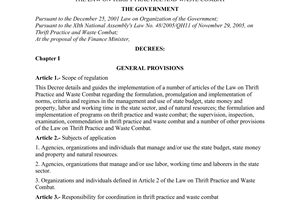 Decree of Government No. 68/2006/ND-CP of July 18, 2006 detailing and guiding the implementation of a number of articles of The Law on thrift practice and waste combat