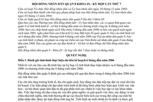 Nghị quyết 01/2006/NQ-HĐND tình hình thực hiện các chỉ tiêu kinh tế - xã hội, quốc phòng - an ninh 6 tháng đầu năm và nhiệm vụ 6 tháng cuối 2006