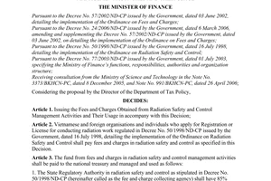 Decision No. 38/2006/QD-BTC of July 24, 2006, on the regime of collection, remittance, management and use of charges and fees in the domain of radiation safety and control, and the charge and fee levels