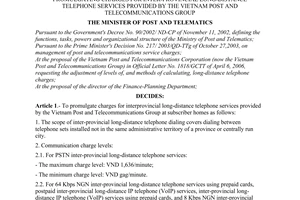 Decision No. 26/2006/QD-BBCVT of July 25, 2006, promulgating charges for inter¬provincial long-distance telephone services provided by the Vietnam Post and Telecommunications group