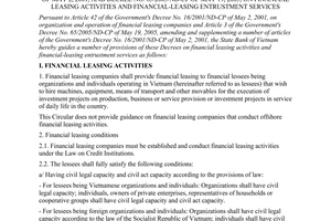 Circular No. 05/2006/TT-NHNN of July 25, 2006 guiding some provisions of The Government's Decree No. 16/2001/ND-CP of may 2, 2001, and Decree No. 65/2005/ND-CP of May 19, 2005, on financial leasing activities and financial-leasing entrustment services