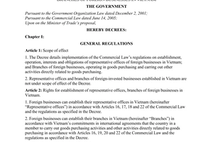 Decree No. 72/2006/ND-CP of July 25, 2006, detailing the Trade law’s regulations on representative offices, branches of foreign businesses in Vietnam