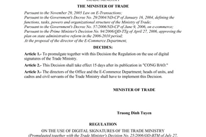 Decision No. 25/2006/QD-BTM of July 27, 2006, promulgating the regulation on the use of digital signatures of the Trade ministry