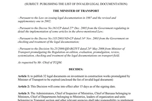Decision No. 1567/QD-BGTVT dated 27th July 2006 publishing the list of invalid legal documentation