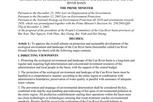 Decision No. 174/2006/QD-TTg of July 28, 2006 approving the overall scheme on protection and sustainable development of ecological environment and landscape of The Cau River basin