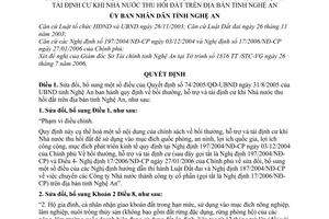 Quyết định 72/2006/QĐ-UBND sửa đổi Quyết định 74/2005/QĐ-UBND bồi thường, hỗ trợ tái định cư khi Nhà nước thu hồi đất Tỉnh Nghệ An