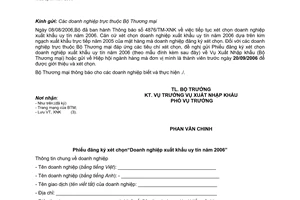 Công văn 5294/TM-XNK xét chọn doanh nghiệp xuất khẩu uy tín năm 2006