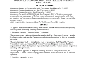 Decision No. 196/2006/QD-TTg of August 29, 2006, approving the scheme on transforming the Vietnam cement corporation into one operating after the parent - subsidiary company model