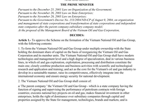 Decision No. 198/2006/QD-TTg of August 29, 2006 approving the scheme on the formation of The Vietnam National oil and gas group