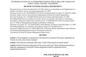 Decision No. 1582/QD-TCHQ of August 29, 2006, on promulgation of customs procedures applicable for vessels on exist, entry, transit, transport