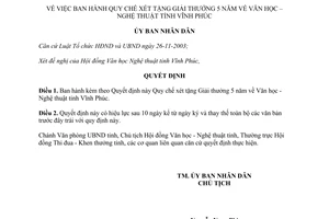 Quyết định 57/2006/QĐ-UBND Quy chế xét tặng Giải thưởng 5 năm về Văn học Nghệ thuật Vĩnh Phúc