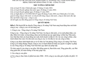 Quyết định 196/2006/QĐ-TTg Đề án chuyển Tổng công ty Xi măng Việt Nam hoạt động mô hình công ty mẹ con