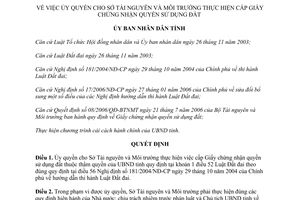 Quyết định 22/2006/QĐ-UBND ủy quyền Sở TNMT cấp Giấy chứng nhận quyền sử dụng đất tỉnh Hà Nam