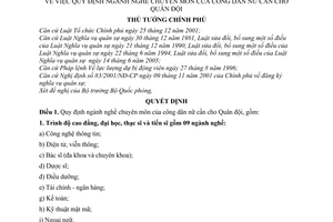 Quyết định 203/2006/QĐ-TTg  ngành nghề chuyên môn công dân nữ cần cho Quân đội