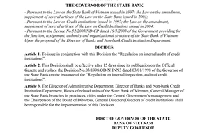 Decision No. 37/2006/QD-NHNN of August 01, 2006, 
on the issuance of the regulation on internal audit of credit institutions