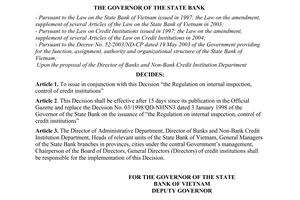 Decision No. 36/2006/QD-NHNN of August 1, 2006, on the issuance of the regulation on internal inspection, control of credit institutions