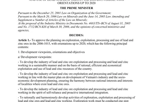 Decision No. 176/2006/QD-TTg of August 01, 2006 approving the planning on exploration, exploitation, processing and use of lead and zinc ores in the 2006-2015 period, with orientations up to 2020