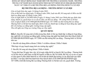 Quyết định  06/2006/QĐ-BLĐTBXH thủ tục thành lập đăng ký hoạt động dạy nghề trường cao đẳng,trung cấp nghề sửa đổi 05/2006/QĐ-BLĐTBXH