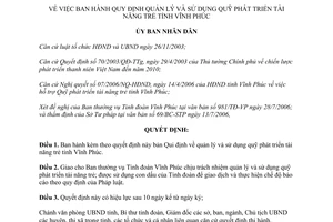 Quyết định 50/2006/QĐ-UBND quản lý sử dụng quỹ phát triển tài năng trẻ Vĩnh Phúc