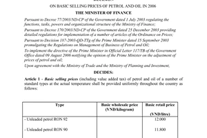 Decision No. 41/2006/QD-BTC of August 09, 2006on basic selling prices of petrol and oil in 2006.