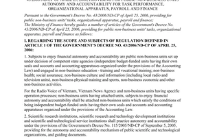 Circular No. 71/2006/TT-BTC of August 09, 2006 guiding the implementation of The Government's Decree No. 43/2006/ND-CP of April 25, 2006, providing for public non-business units' autonomy and accountability for task performance, organizational apparatus, payroll and finance