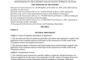 Decision No. 30/2006/QD-BGTVT of August 10, 2006 providing for the application of new materials and/or new technologies in the construction of traffic works in Vietnam