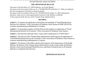 Decision No. 24/2006/QD-BYT, organizing and guiding the application of principles and standards of "Good Manufacturing Practices for Cosmetics" of the Association of Southeast Asian Nations, promulgated by the Ministry of Health