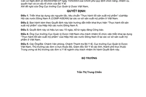 Quyết định 24/2006/QĐ-BYT triển khai áp dụng hướng dẫn nguyên tắc, tiêu chuẩn "Thực hành tốt sản xuất mỹ phẩm” của Hiệp hội các nước Đông Nam Á