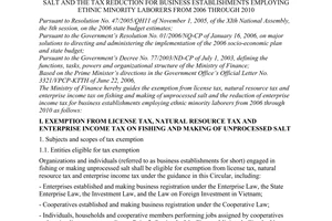 Circular No. 74/2006/TT-BTC, promulgated by the Ministry of Finance, guiding the tax exemption for fishing and making of unprocessed salt and the tax reduction for business establishments employing ethnic minority laborers from 2006 through 2010