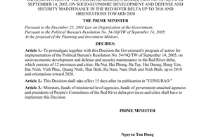 Decision No. 191/2006/QD-TTg of the Prime Minister of Government, promulgating the Government's program of action for implementation of the Political Bureau's Resolution No. 54/NQ-TW of September 14, 2005, on socio-economic development and defense and security maintenance in the red river delta up to 2010 and orientations toward 2020