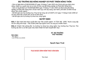 Quyết định 2371/QĐ-BNN-KHCN Tiêu chuẩn Nước cung cấp cho ăn uống sinh hoạt  phân loại vùng bị ô nhiễm Asen