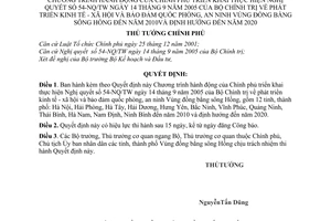 Quyết định 191/2006/QĐ-TTg chương trình hành động Chính phủ triển khai thực hiện nghị quyết 54-NQ/TW KTXH,ANQP ĐB sông Hồng 2010-2020