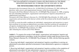 Decision No. 07/2006/QD-VPCP of August 18, 2006 on organizing the receipt of individuals', organizations' and enterprises' inquiries and petitions on administrative procedures via the government's website under the provisions of The Prime Minister's Decision No. 22/2006/QD-TTg of January 24, 2006