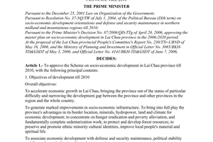 Decision No. 192/2006/QD-TTg of August 21, 2006 approving the scheme on socio-economic development in Lai Chau province till 2010