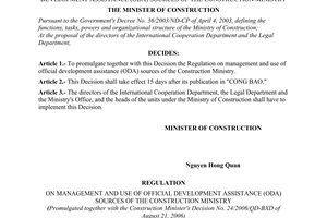 Decision No. 24/2006/QD-BXD of the Ministry of Construction, promulgating the Regulation on management and use of Official Development Assistance (ODA) sources of the Construction Ministry
