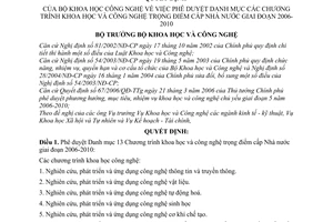 Quyết định 1870/2006/QĐ-BKHCN danh mục  chương trình KHCN trọng điểm cấp nhà nước 2006-2010