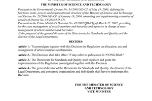 Decision No. 15/2006/QD-BKHCN of the Ministry of Science and Technology, promulgating the Regulation on allocation, use and management of article numbers and barcodes
