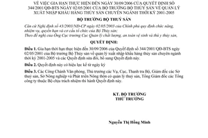 Quyết định 659/QĐ-BTS gia hạn 344/2001/QĐ-BTS đến 30/09/2006 quản lý xuất nhập khẩu hàng thủy sản chuyên ngành thời kỳ 2001-2005