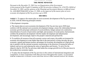 Decision No. 195/2006/QD-TTg of August 25, 2006 approving the master plan on socio-economic development of Ha Tay province up to 2020