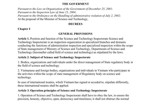 Decree No. 87/2006/ND-CP of August 28, 2006, on the organization and operation of the science and technology inspectorate