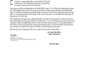 Công văn 5870/BTM-KV4 bổ sung Sri Lanka vào danh sách các nước đã có thỏa thuận đối xử tối huệ quốc Việt Nam