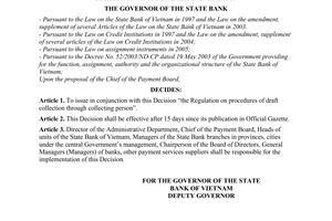 Decision No.  44/2006/QD-NHNN of September 05, 2006, on the issuance of the regulation on procedures of draft collection through collecting person