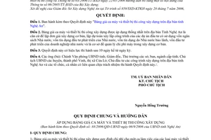 Quyết định 88/2006/QĐ-UBND Bảng giá ca máy thiết bị thi công xây dựng tỉnh Nghệ An