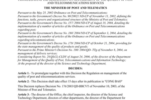 Decision No. 33/2006/QD-BBCVT of September 06, 2006, promulgating the regulation on management of the quality of post and telecommunications services
